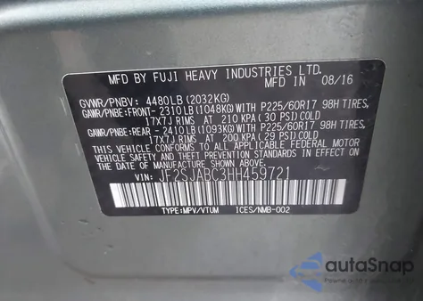 2017 Subaru Forester 2.5I from USA, damaged, VIN JF2SJABC3HH459721